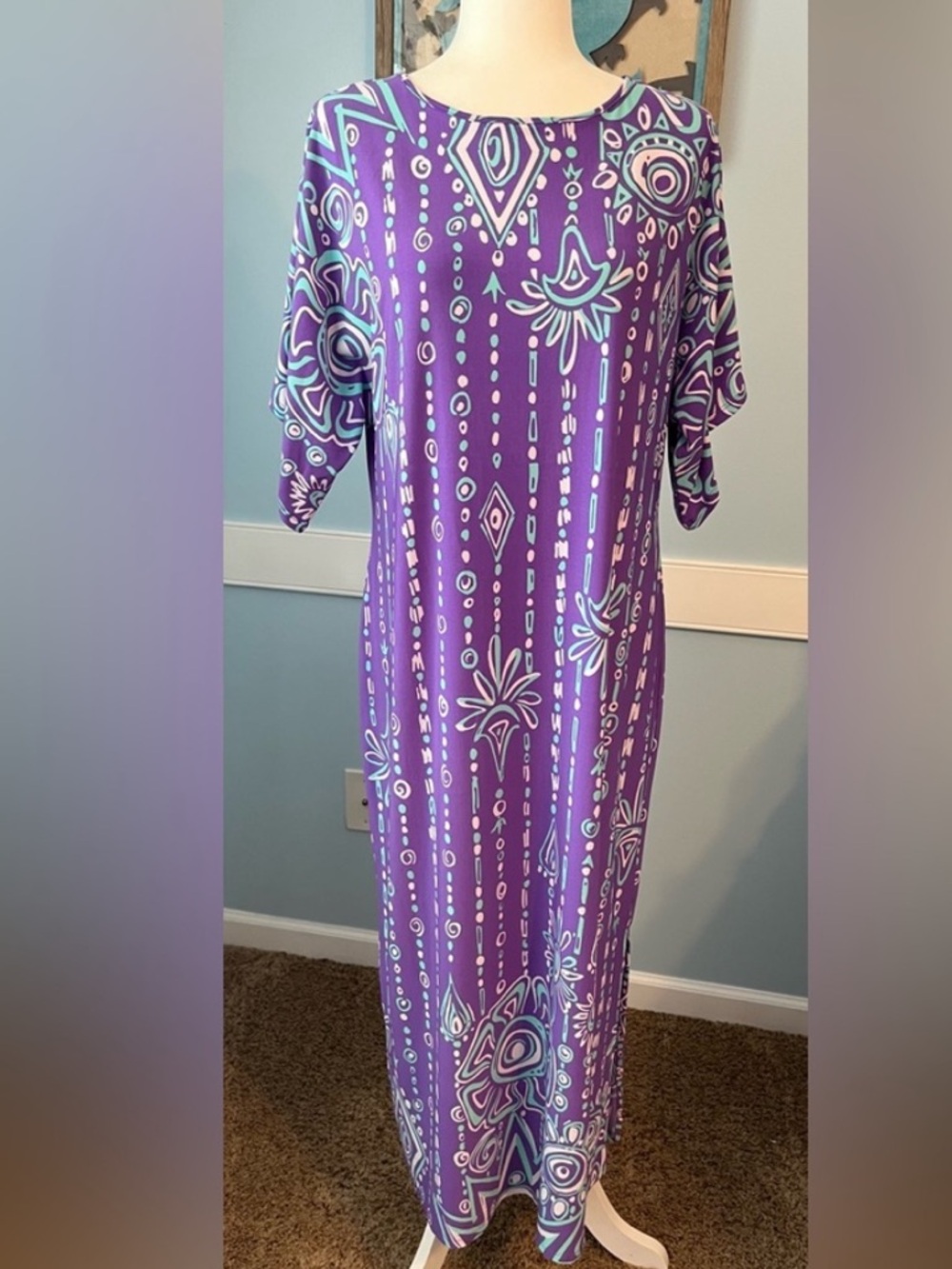 Bob Mackie Purple and Teal Geometric Print Maxi Dress